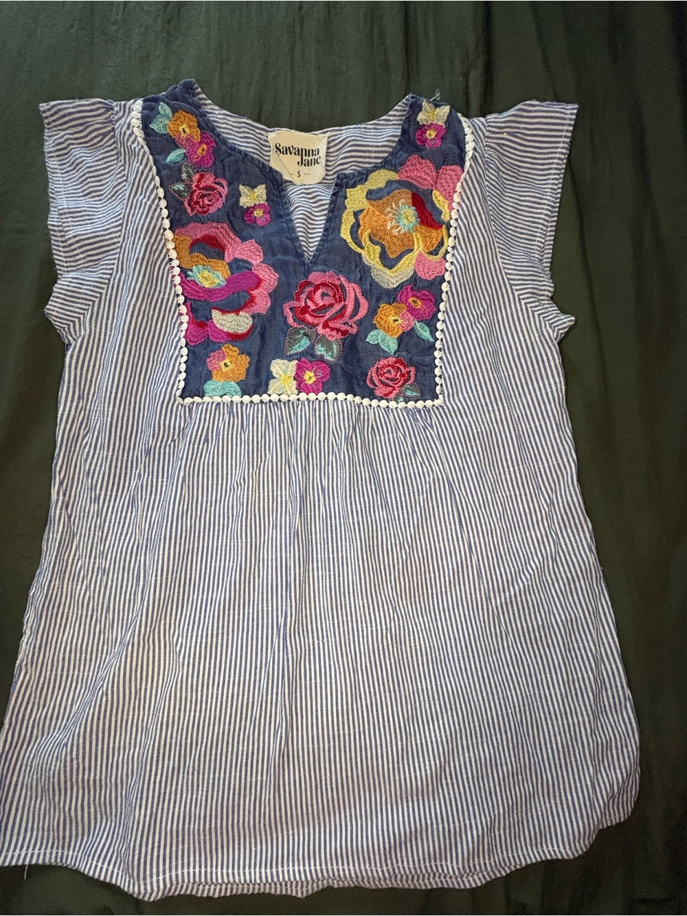 Savanna Jane Blue & White Striped Blouse with Multicolor Floral Embroidery